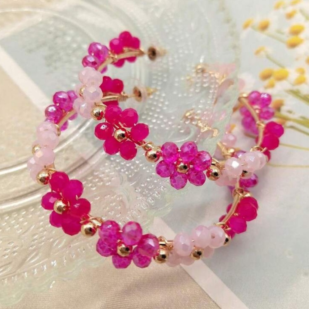 Floral Beaded Pink and Gold Hoop Earrings